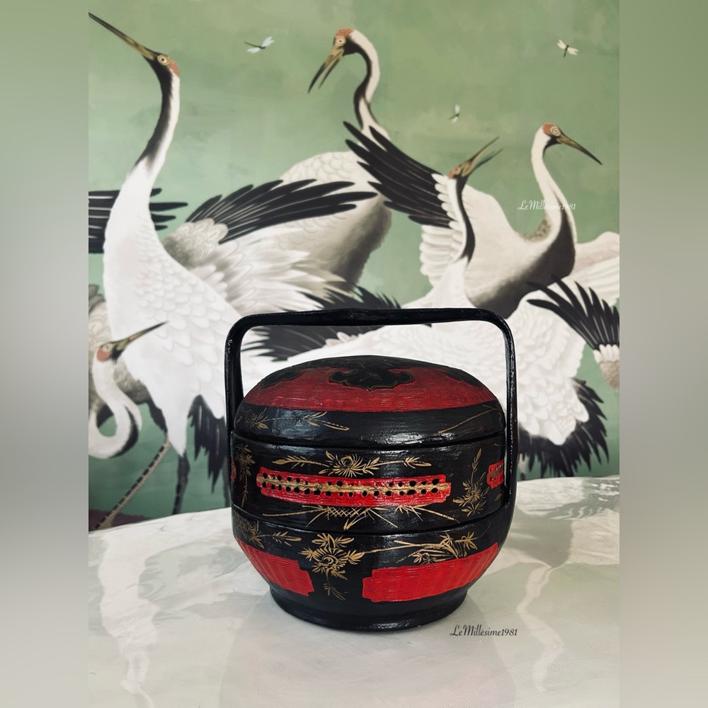 1960’s Traditional Hand Crafted Red, Black, Gold Lacquered Wicker Wedding Basket